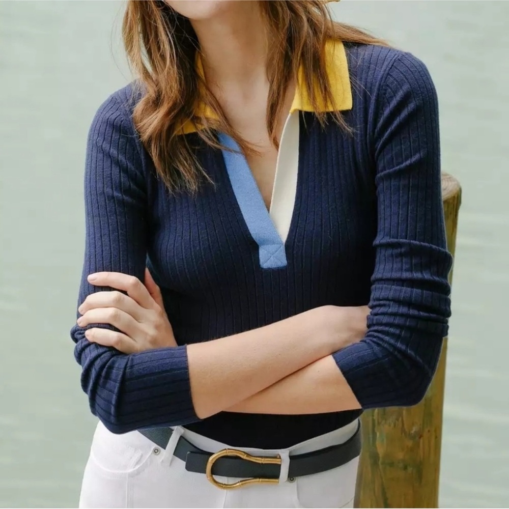 J. McLaughlin Michaela Ribbed Sweater Navy Blue Yellow Size Large